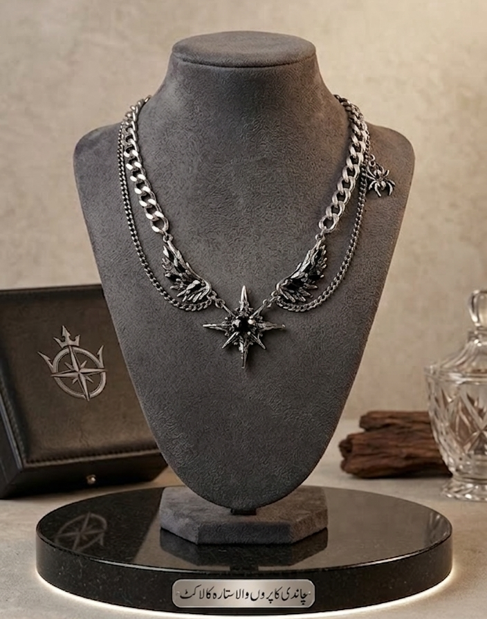Gothic Silver Winged Star Necklace