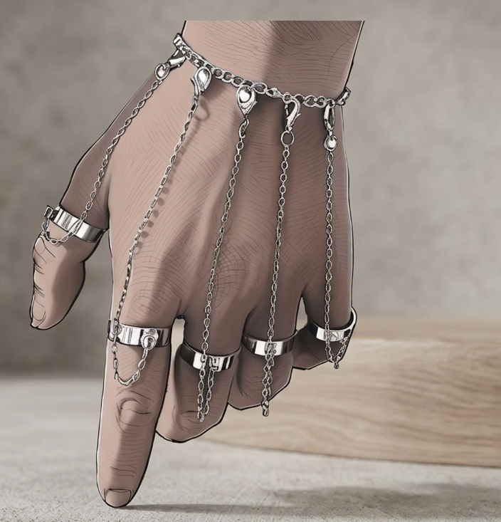 Silver Multi-Finger Slave Bracelet with Linked Rings